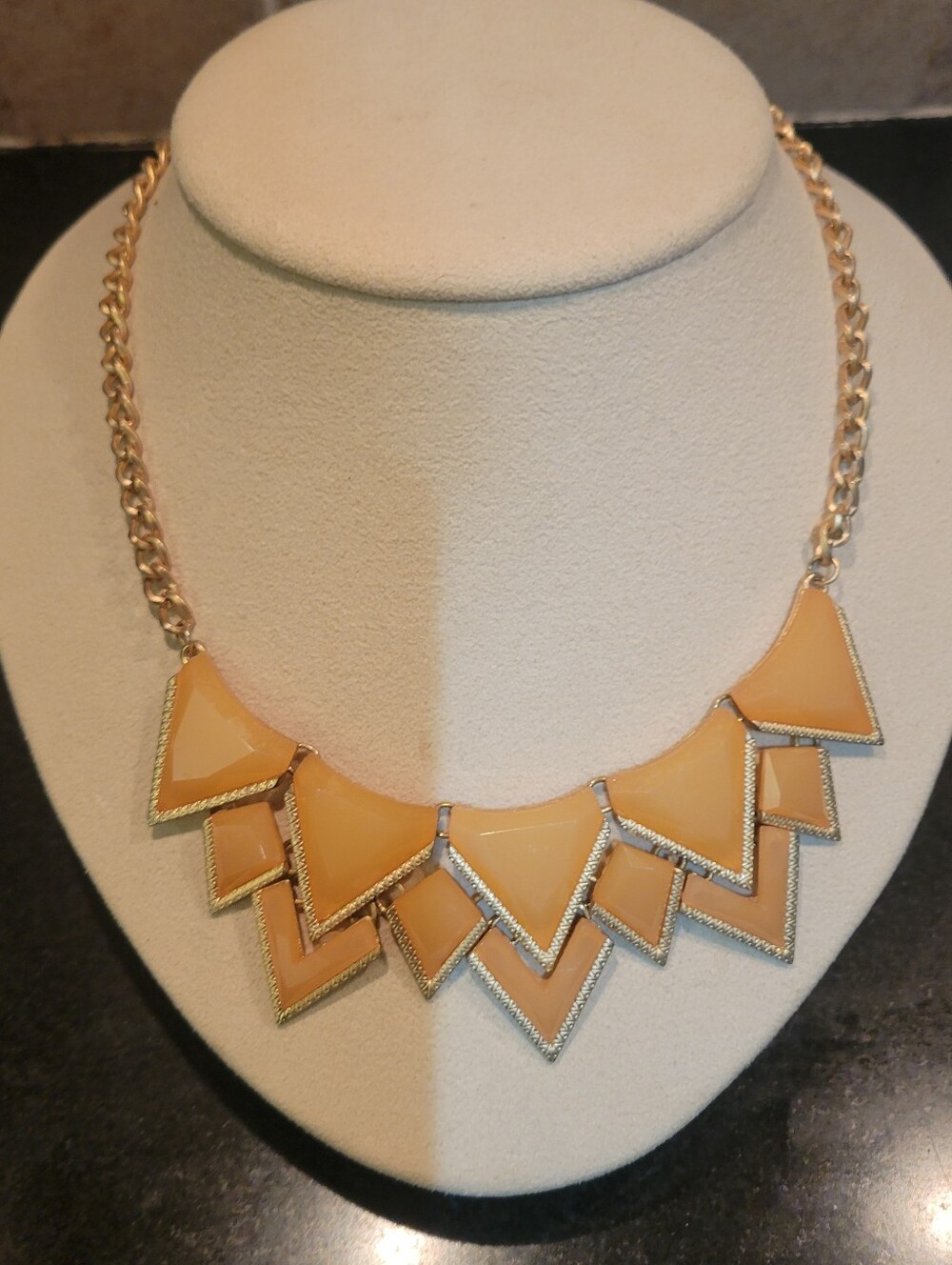 Lucite Triangles in Goldtone Metal Cleopatra Bib Statement Necklace